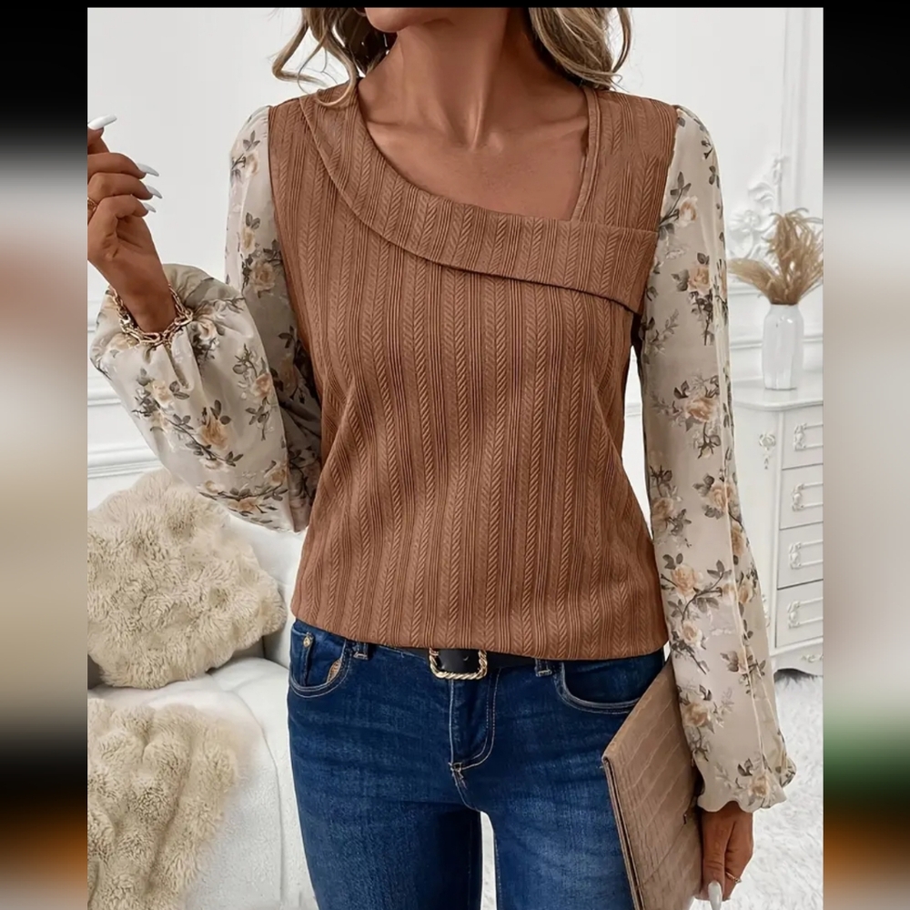 Floral Print Casual Top-Pumkin Sheer Floral Long Sleeve Top SZ M